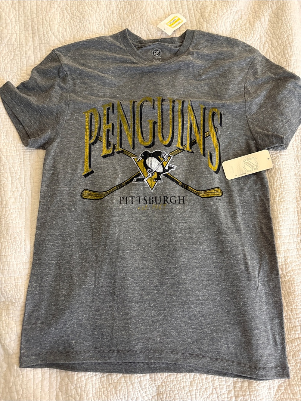 NHL Pittsburgh Penguins Gray Tee with Yellow and Black Logo